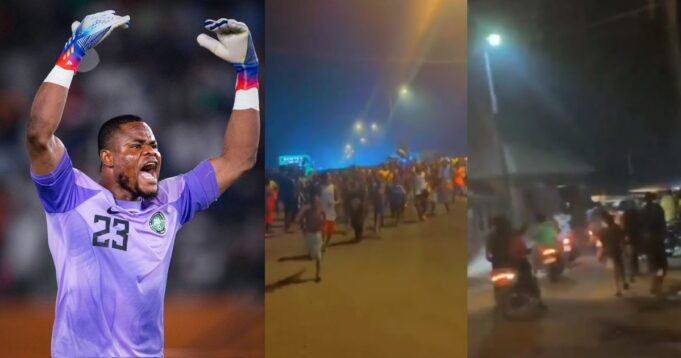 Moment Nigerians trooped to Stanley Nwabali’s father’s house in Rivers State after Nigeria made it to the AFCON 2024 finals (video)